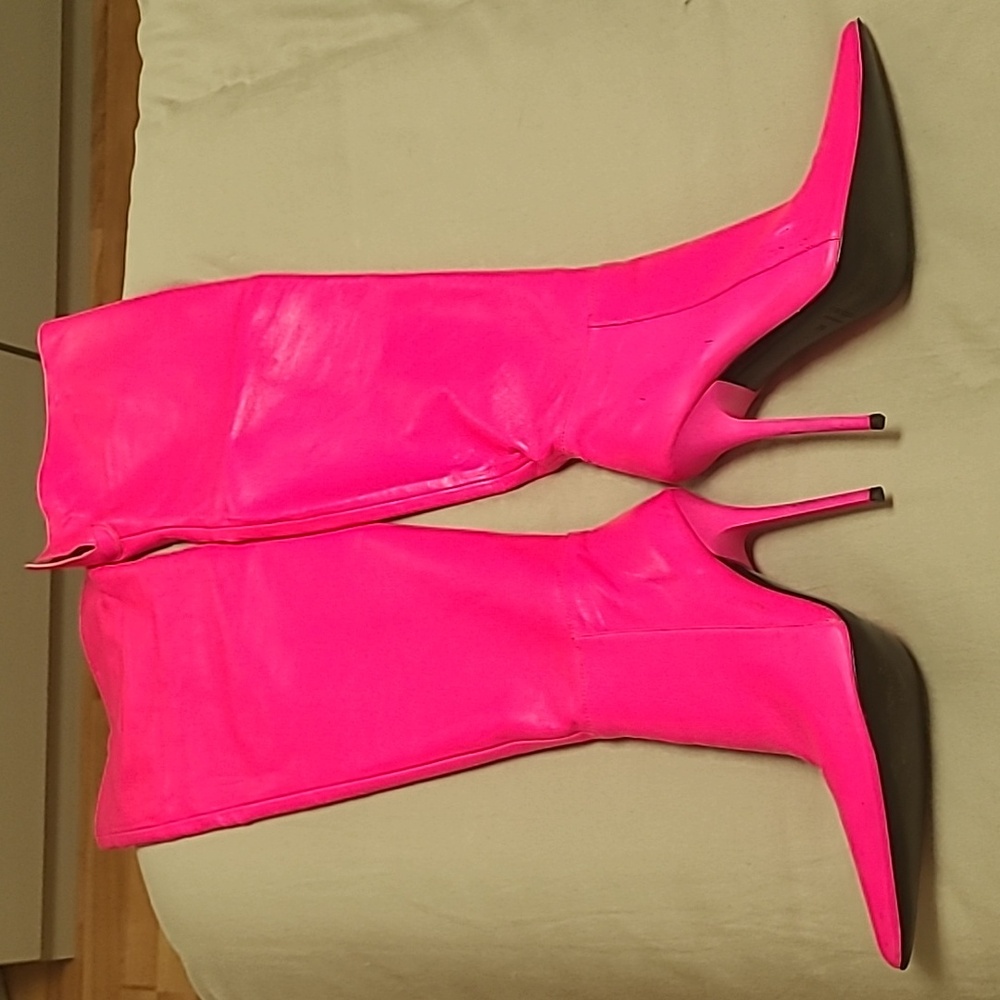 Over The Knee Hot Pink Genuine Leather Stiletto Boots 5-in Heel Read Description - Picture 8 of 17